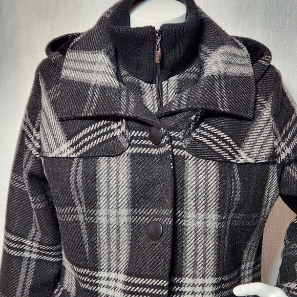 Fleet Street Wool Blend Plaid Hooded Coat Large Black and White Zippered Snaps - Picture 2 of 14